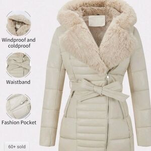 SHEIN Cream Puffer Coat with Faux Fur Hood